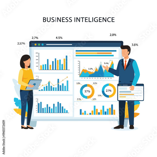 Business Intelligence dashboard with people analyzing charts, graphs, and data
