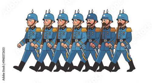 A group of cartoon soldiers marching in formation wearing blue uniforms and helmets with gold accents against a plain white background.