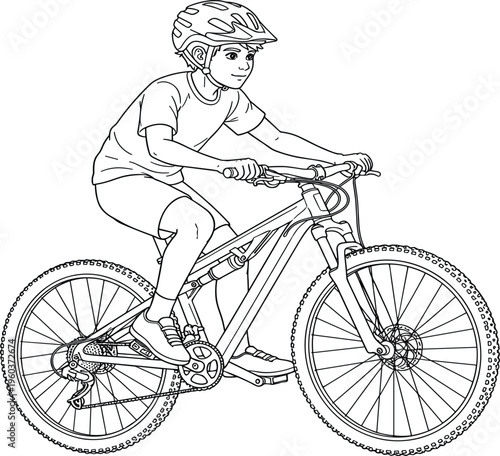 Young boy riding mountain bike with helmet line art illustration, kids cycling outdoors, mountain bicycle sketch, childhood fitness, vector design.