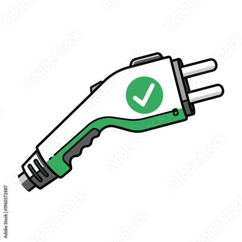 Complete and ready electric vehicle charging connector with an approval checkmark, ensuring a reliable and efficient power supply for sustainable mobility