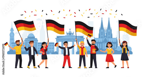 Illustration of a diverse group of people holding German flags in front of a blue cityscape with confetti, conveying a celebratory mood.