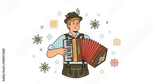 Illustration of a smiling man in traditional Bavarian clothing playing an accordion with colorful snowflakes around him on a white background.