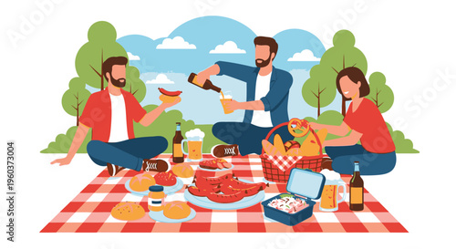 Illustration of three friends having a picnic in a park with a lake view, enjoying wine and food on a red and white checkered blanket.