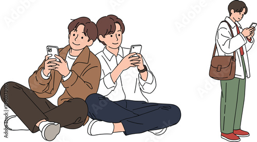 Young people using smartphones illustration with friends and woman texting on mobile devices modern lifestyle vector design