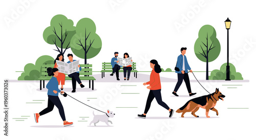 Illustration of people walking their dogs in a park with trees and benches in the background, conveying a casual outdoor scene.