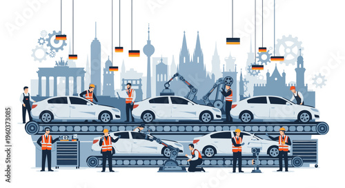 Illustration of workers in orange vests assembling and inspecting white cars on a production line with a cityscape and German flags in the background.