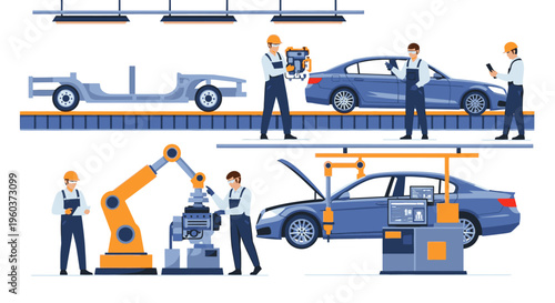 Illustration of workers and robots assembling cars on a production line with industrial equipment and tools.