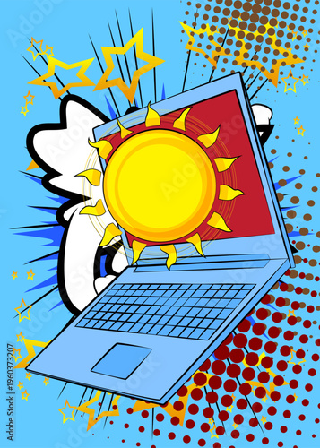 Cartoon Laptop, comic book Notebook with Sun. Retro vector comics pop art design.