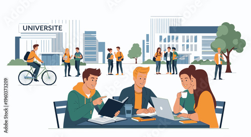 Three students studying together at a table with laptops and books outside a university building with people walking around.