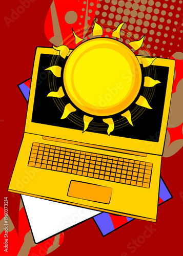 Cartoon Laptop, comic book Notebook with Sun. Retro vector comics pop art design.