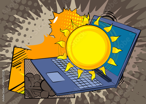 Cartoon Laptop, comic book Notebook with Sun. Retro vector comics pop art design.