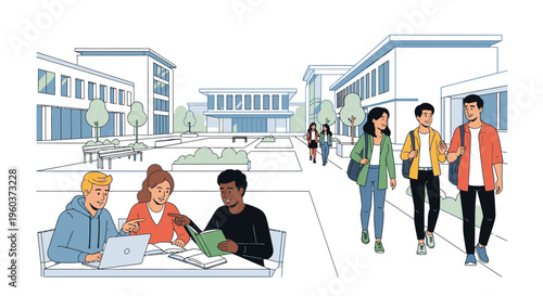 Illustration of students studying and socializing on a university campus with modern buildings and a courtyard in a daytime setting with a casual and relaxed mood.