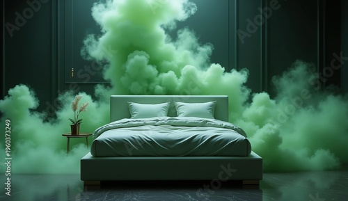 Modern Minimalist Bedroom with Ethereal Green Smoke Clouds Surreal Interior Design