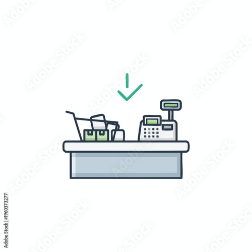 Items on conveyor belt with cash register and a checkmark arrow above