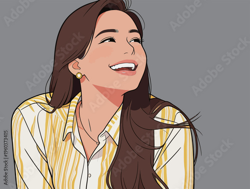 Young woman with long hair smiles happily while wearing a striped shirt and earrings in a stylish setting