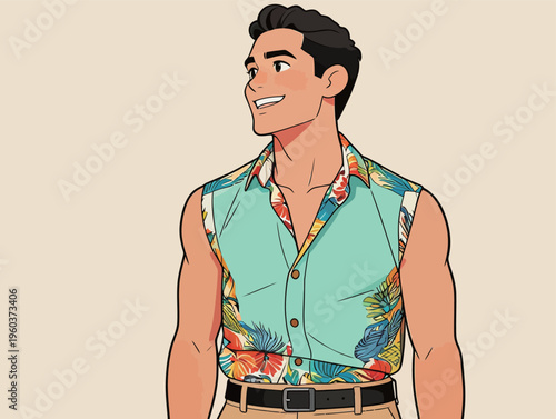 Man wearing a floral shirt looks up with a smile at an outdoor event in warm weather