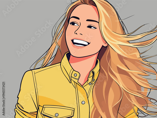 Young woman with long hair smiles and stands against a gray background during a sunny day in a casual outfit