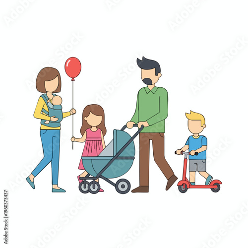 A family of four, parents and two children, with a baby in a carrier, a stroller and a scooter