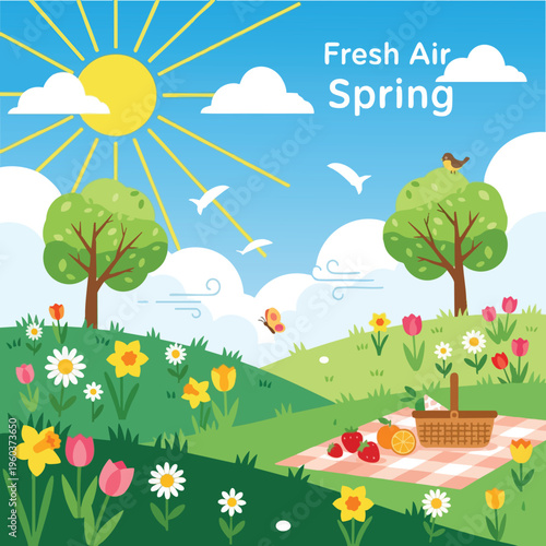 Sunny spring picnic scene with flowers, trees, and a bird