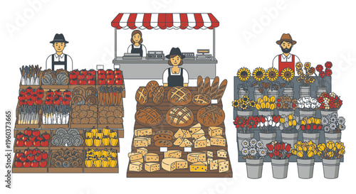 Illustration of a market scene with vendors and various food products on display, including fruits, bread, and pastries, in a colorful and vibrant setting.