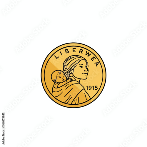 A stylized gold coin depicting a woman carrying a baby on her back