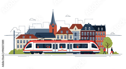 Illustration of a modern train in front of a row of buildings with a church steeple in a quaint town with a pedestrian and trees, in a graphic style.