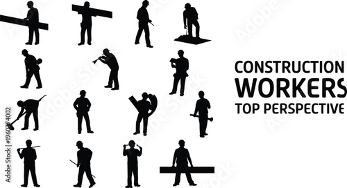 construction workers silhouettes set, top perspective poses collection, labor activities and tools, industrial work concept, black white vector illustration design
