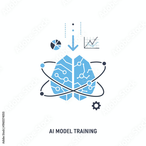 Stylized brain with circuit board patterns and atomic orbits, illustrating AI model training