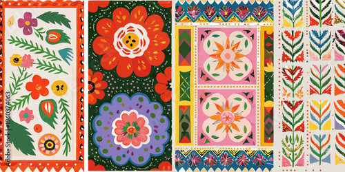 Four vibrant embroidered textile panels displaying floral and geometric designs