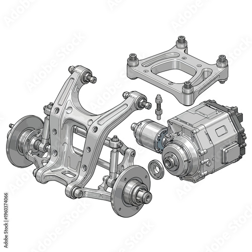 Detailed illustration of an automotive rear axle assembly and electric motor, showcasing suspension components and drivetrain elements