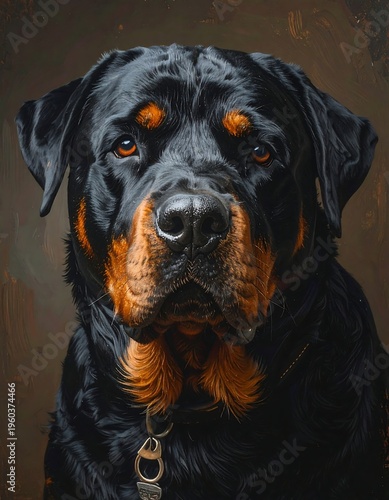 A close-up portrait of a large black dog with brown markings