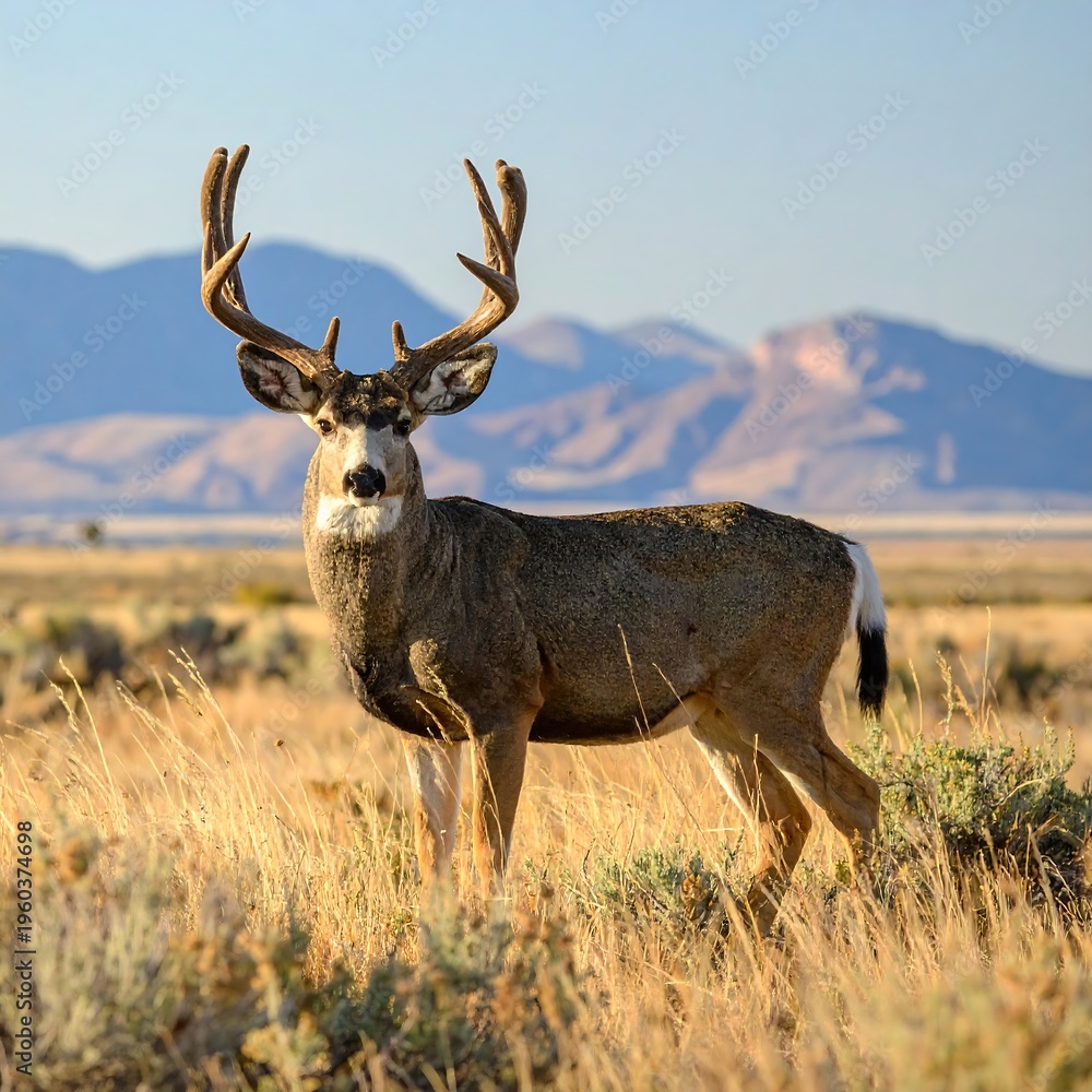Obraz premium A large buck deer with impressive antlers stands in a field
