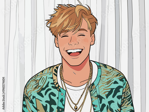 Young man smiles while wearing a colorful jacket and gold chains against a plain background