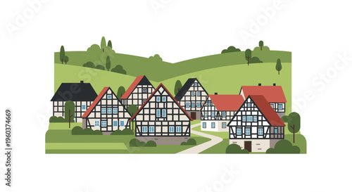 Illustration of a quaint village with traditional half-timbered houses on a winding road in a green landscape with rolling hills.