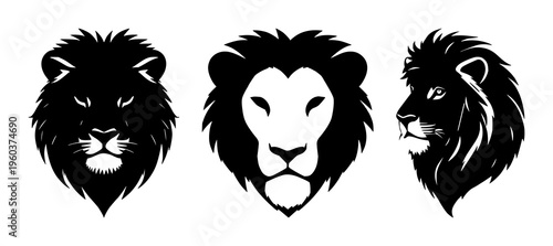 Lion head silhouette set with bold black silhouette shape featuring animal, wildlife, majestic with iconography and design