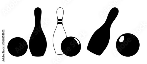 Bowling pin and ball silhouette set with black line art design featuring bowling, sports, entertainment with minimalism and vector
