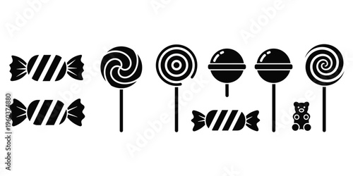 Candy silhouette illustration, sweet artwork with lollipops gummy bear wrapped candies swirl shapes confectionery design vector