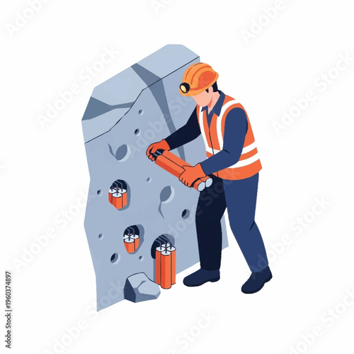 Isometric Miner Drilling Rock with Jackhammer for Explosives.