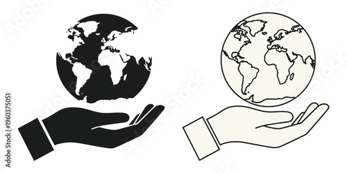 Globe in hand illustration, symbolic artwork with light dark contrast continents unity balance environmental care global vector design