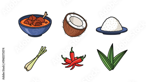 Asian Cuisine Ingredients & Dish Vector Set: Curry, Coconut, Rice, Chili, Lemongrass, Pandan Leaves