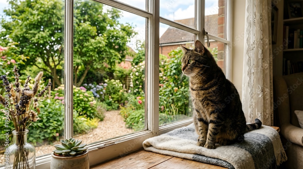 Obraz premium Curious Tabby Cat Gazing Out Window at Lush Green Garden.