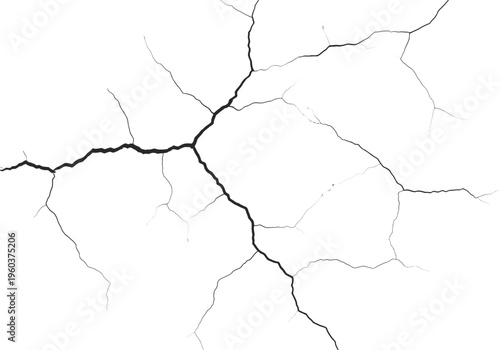 Detailed close-up of a fractured white surface, showing intricate crack patterns with sharp, angular lines