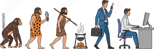 Human evolution concept illustration showing progression from ape to modern office worker using technology, depicting development, history, lifestyle change, and technological advancement over time