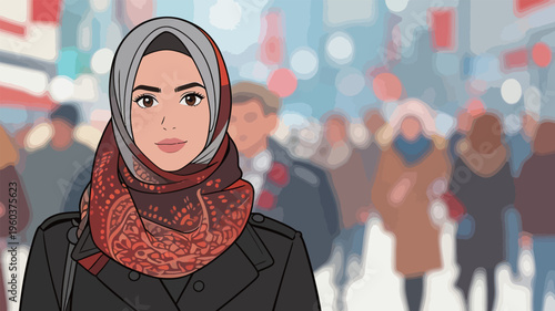 Woman with hijab walks through a busy street in an urban area during daylight hours, surrounded by other people