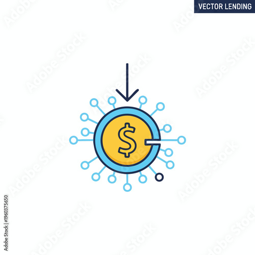 Downward arrow points to a digital coin with a dollar sign and network connections