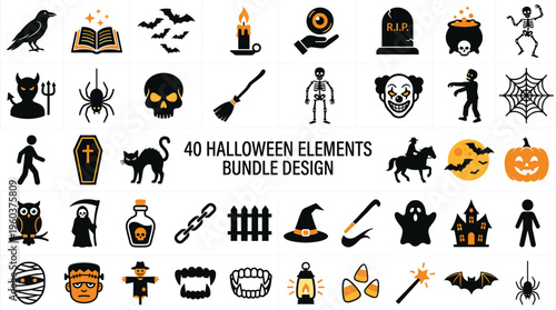 Mega Halloween Elements Bundle Set Featuring Spooky Icons Pumpkin Ghost Skeleton Zombie Bat And Witch Hat Vector.