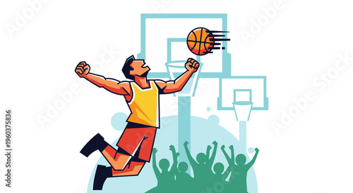Dynamic illustration of a basketball player jumping to dunk the ball with a cheering crowd below, celebrating a successful shot.