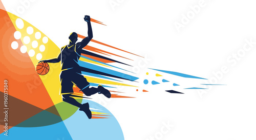 Dynamic silhouette of a basketball player in mid-air action with vibrant abstract speed lines and colorful background elements, depicting energy and movement in sports.