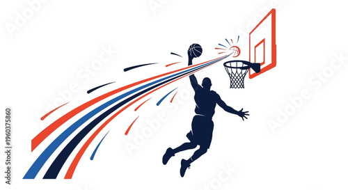 A dynamic graphic illustration of a basketball player in mid-air performing a powerful slam dunk with energetic red, blue, and white motion trails.