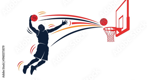 A dynamic graphic illustration of a basketball player performing a powerful slam dunk with motion lines towards a hoop and net.